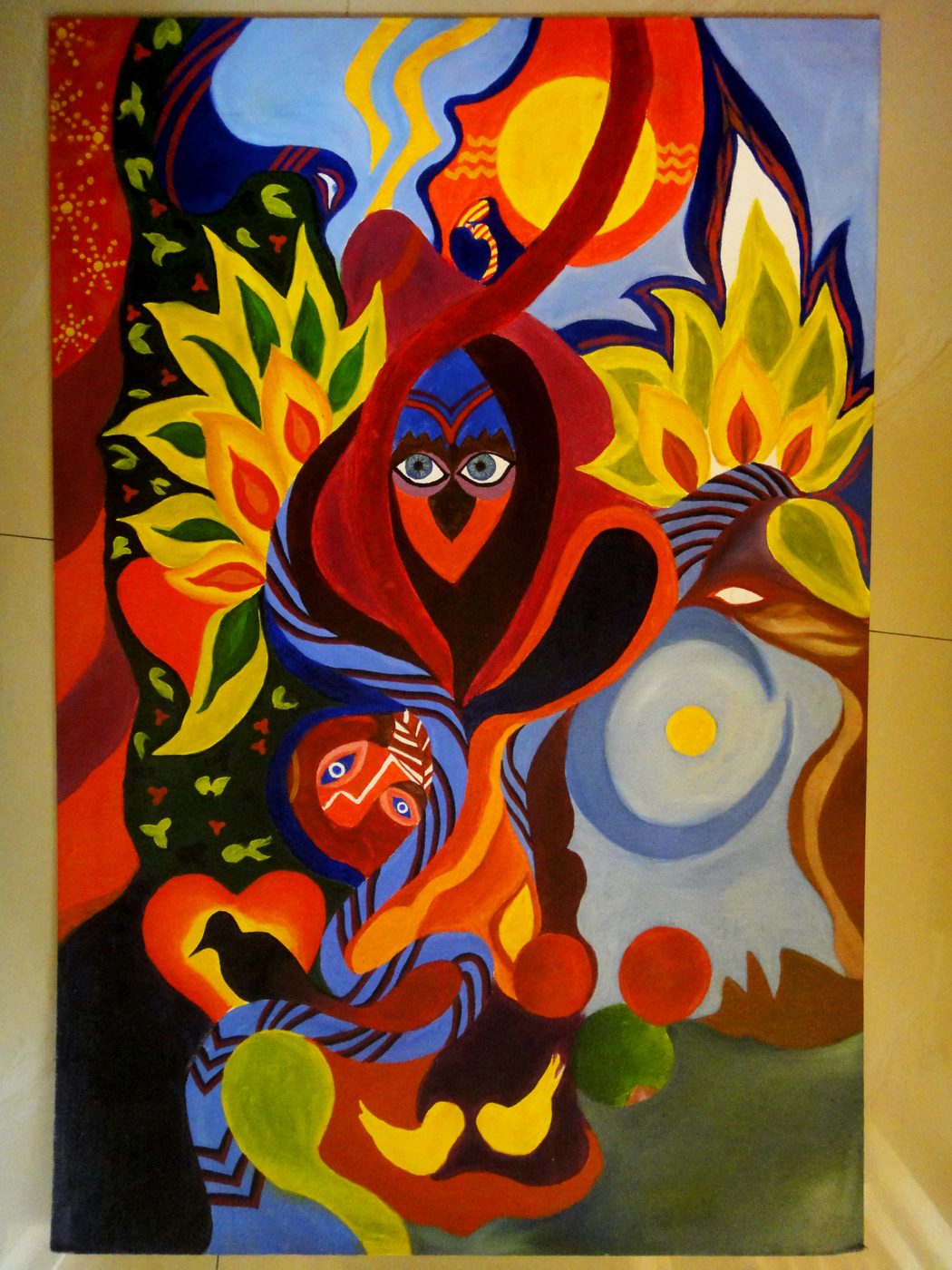 Surreal acrylic painting with figures, flames and lotus forms