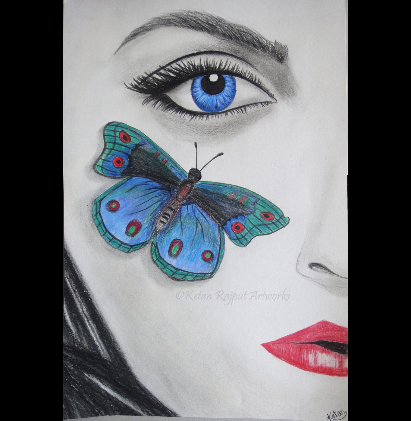 Colour pencil drawing of a face with a blue butterfly on the cheek