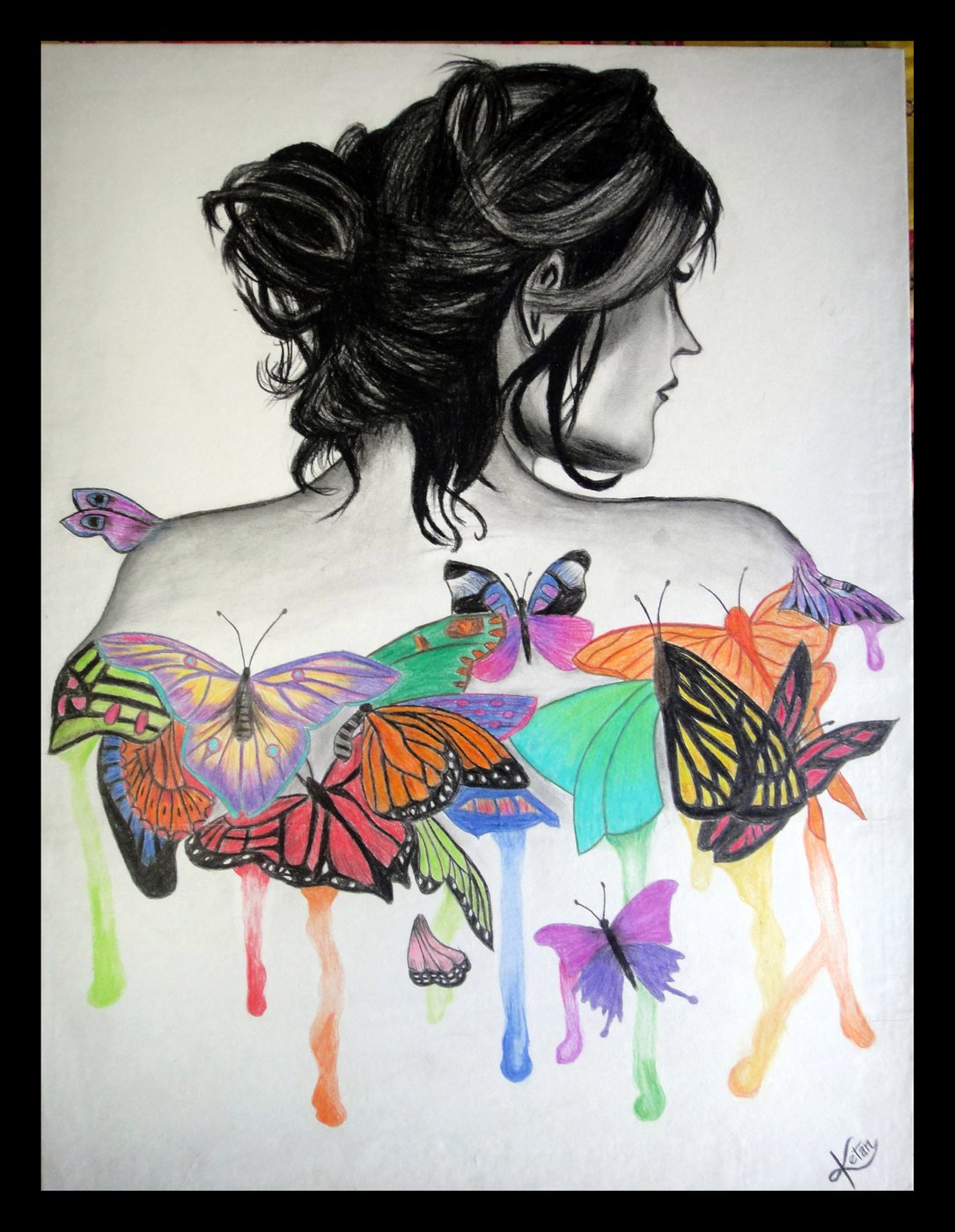 Colour pencil and charcoal drawing of a woman with butterflies across her back