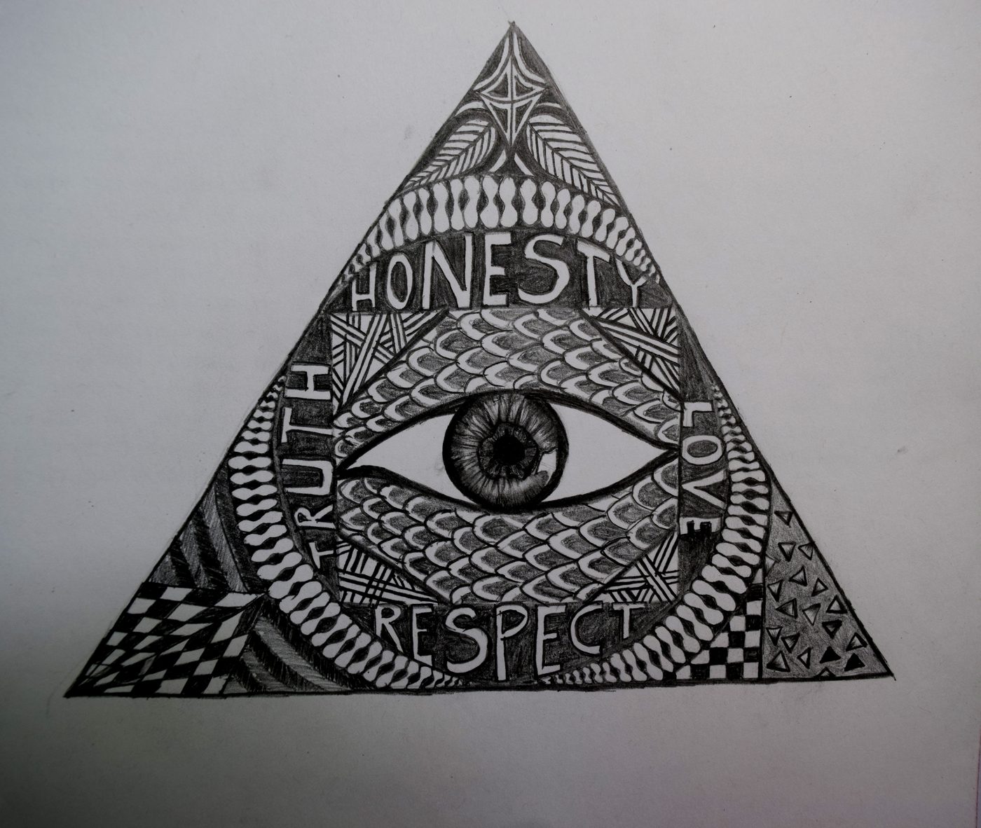 Graphite drawing of an eye inside a patterned triangle