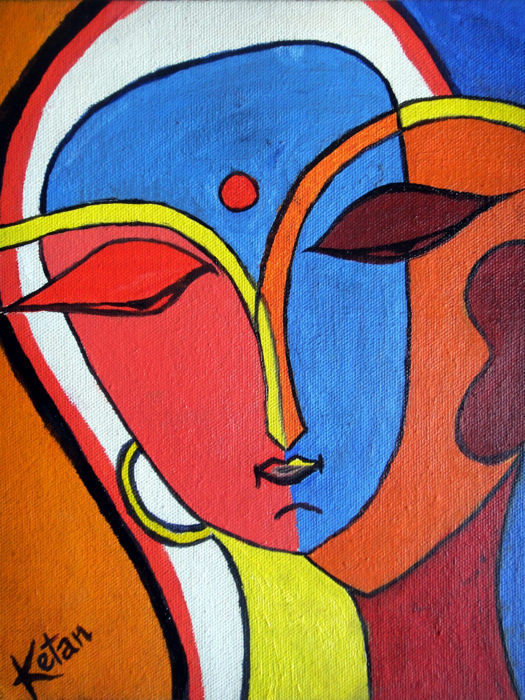 Modernist acrylic painting of a face split into red and blue planes